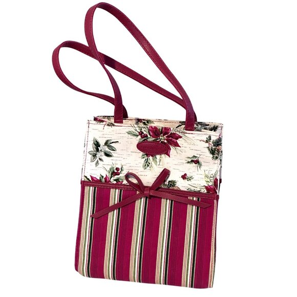 Longaberger Holiday Poinsettia Tote Bag Magnetic Handle Snap Closure Bow Accent - Picture 9 of 10